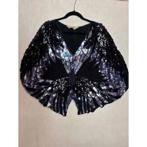 Shomax Vintage Silk Sequin Butterfly Top Iridescent Purple Beaded Batwing Blouse